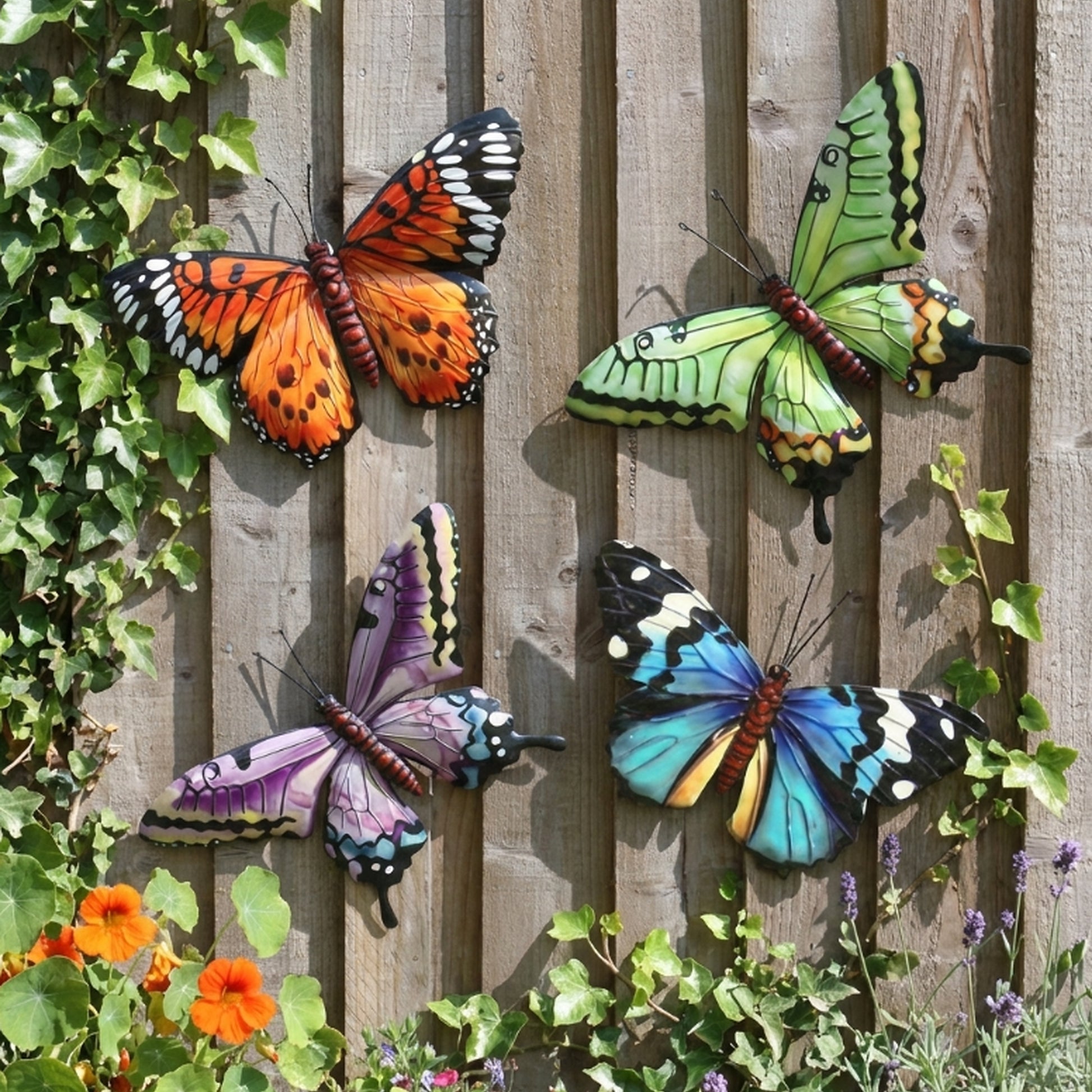 Tesco JPG version for Metal Butterfly Wall Art Decoration - Pink Blue Green Orange Fence Butterflies - 24cm x 34cm x 1cm