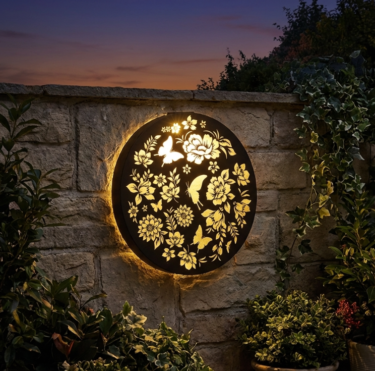 Panneau solaire mural rond en métal à LED, motif colibri, décoration de jardin