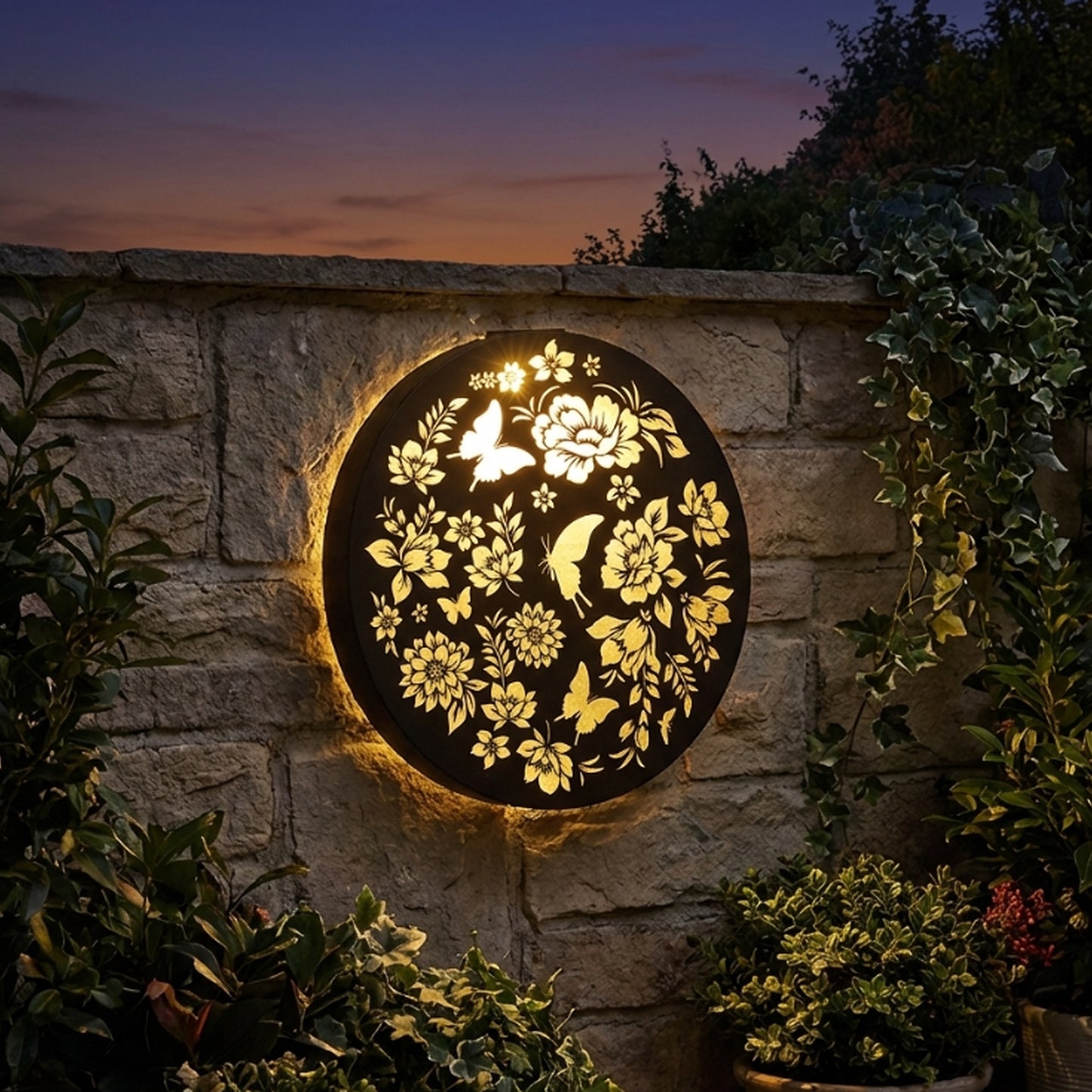 Tesco JPG version for Round Butterfly Solar Wall Panel Metal LED Garden Decor - 40cm x 40cm x 5cm