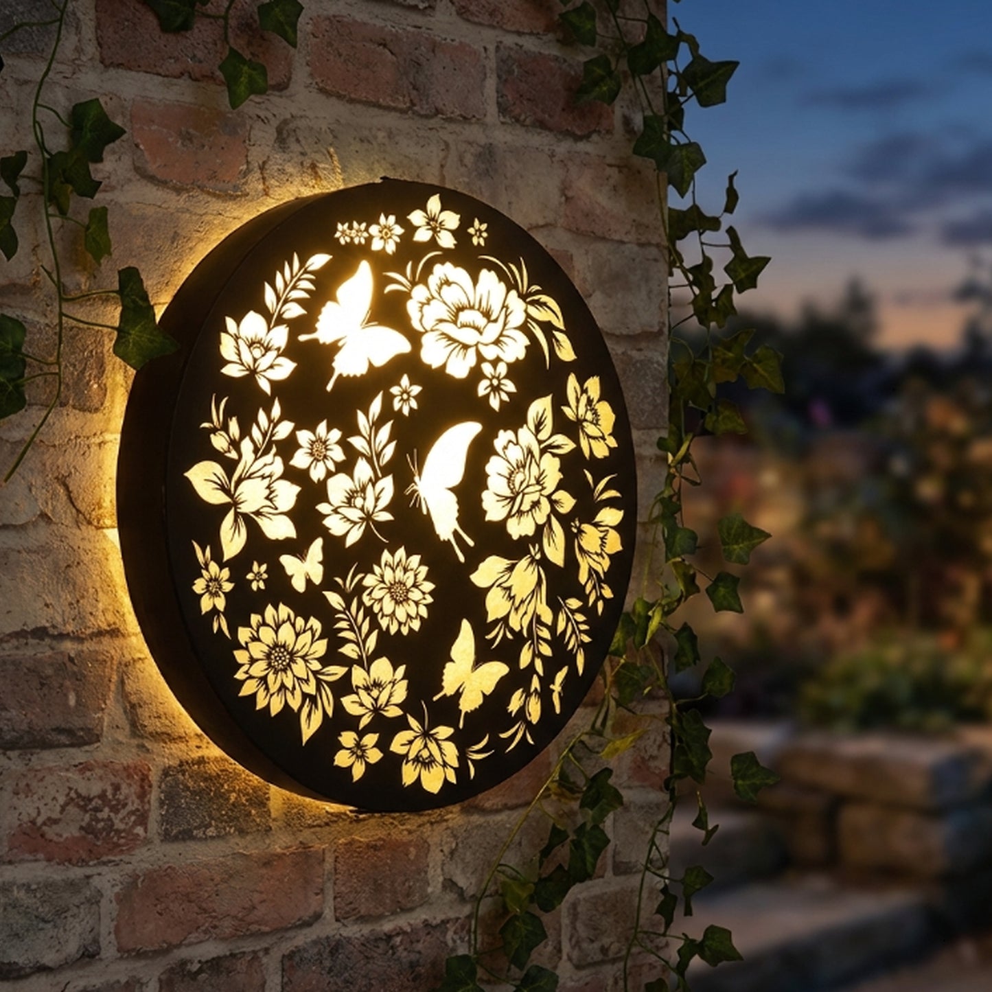 Tesco JPG version for Round Butterfly Solar Wall Panel Metal LED Garden Decor - 40cm x 40cm x 5cm