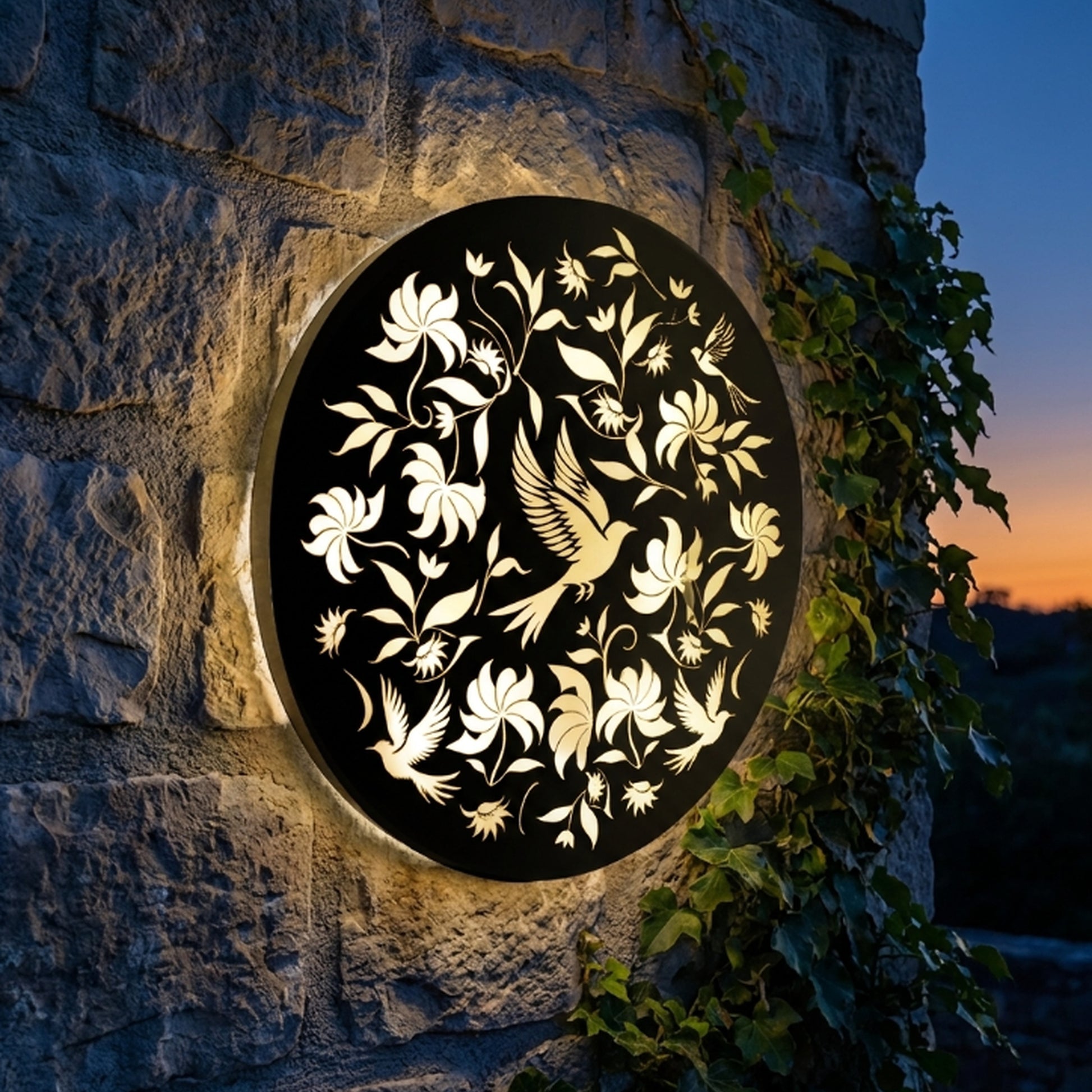 Tesco JPG version for Round Birds Solar Wall Panel Metal LED Garden Decor - 40cm x 40cm x 5cm