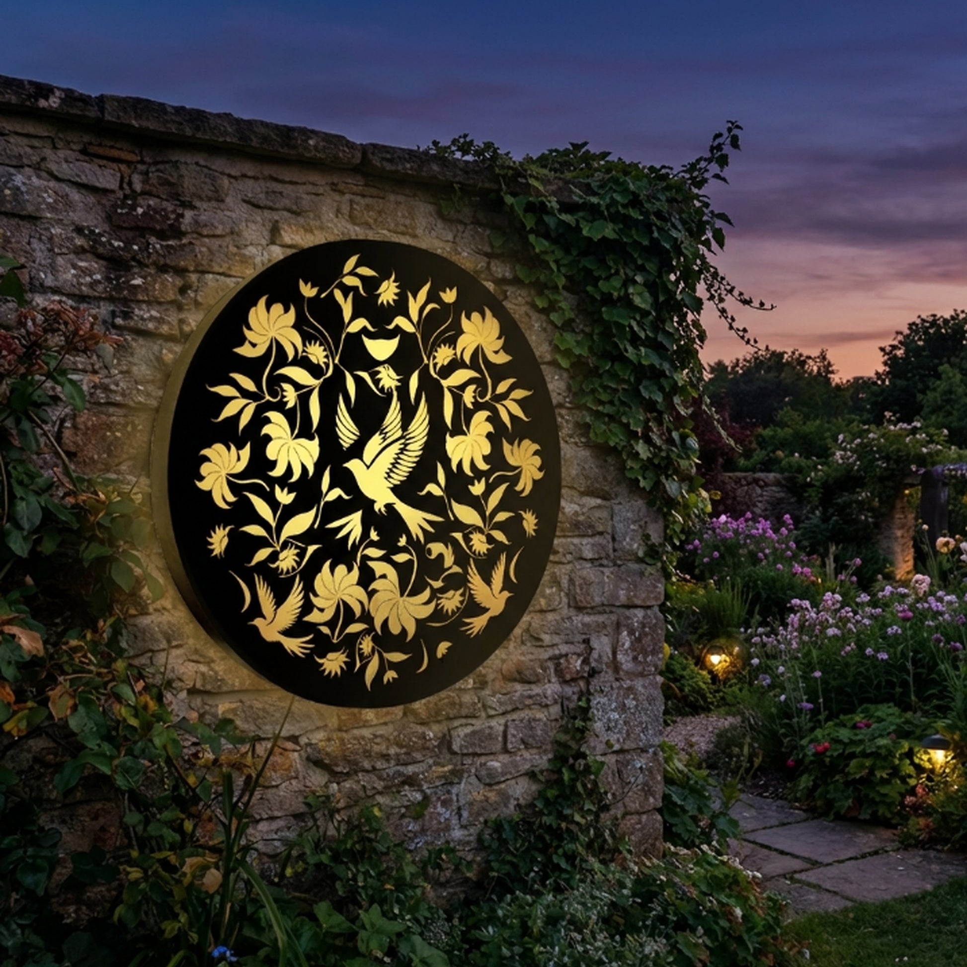 Tesco JPG version for Round Birds Solar Wall Panel Metal LED Garden Decor - 40cm x 40cm x 5cm