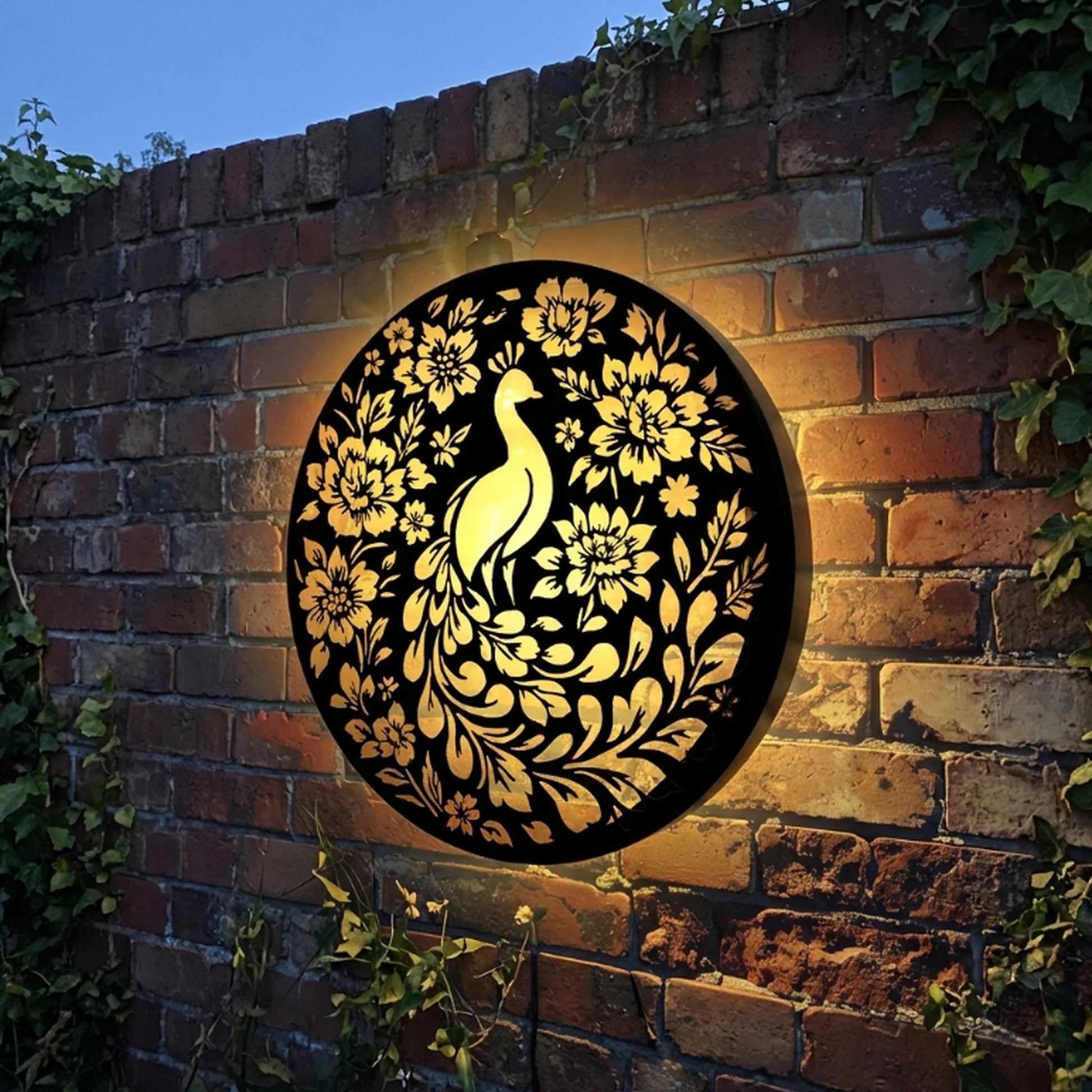 Tesco JPG version for Round Peacock Floral Solar Wall Panel Metal LED Garden Decor - 40cm x 40cm x 5cm