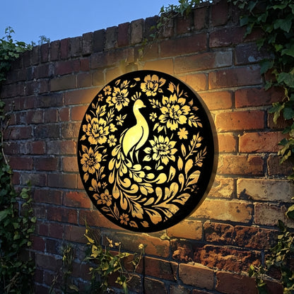 Tesco JPG version for Round Peacock Floral Solar Wall Panel Metal LED Garden Decor - 40cm x 40cm x 5cm