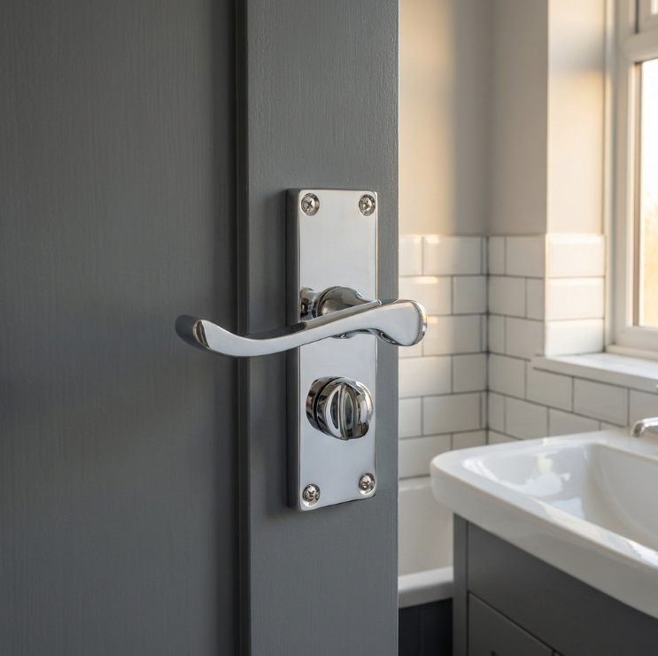 Poignées de porte à volutes pour salle de bain, WC, serrure de confidentialité - Loquet chromé 118 x 40 mm