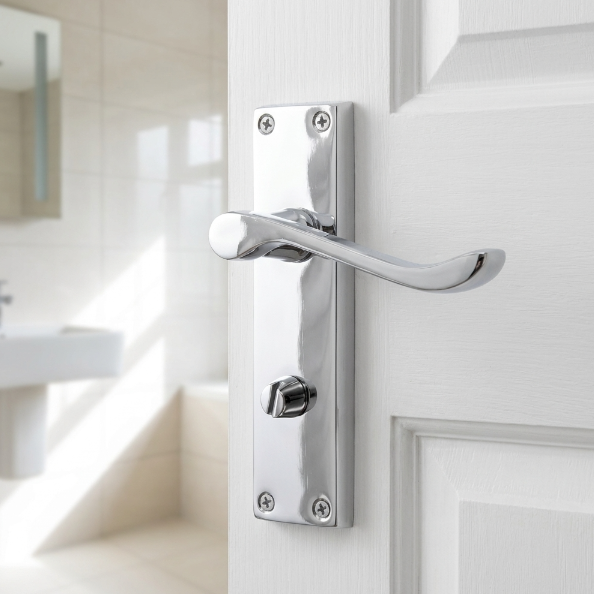 Poignées de porte de style victorien avec levier à volutes et serrure pour salle de bain - Chrome 150 x 40 mm