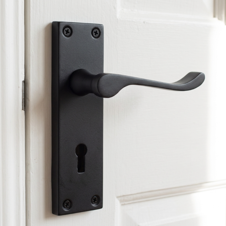 Poignées de porte victoriennes à levier et serrure à volutes - Noir mat, pack 150 x 40 mm