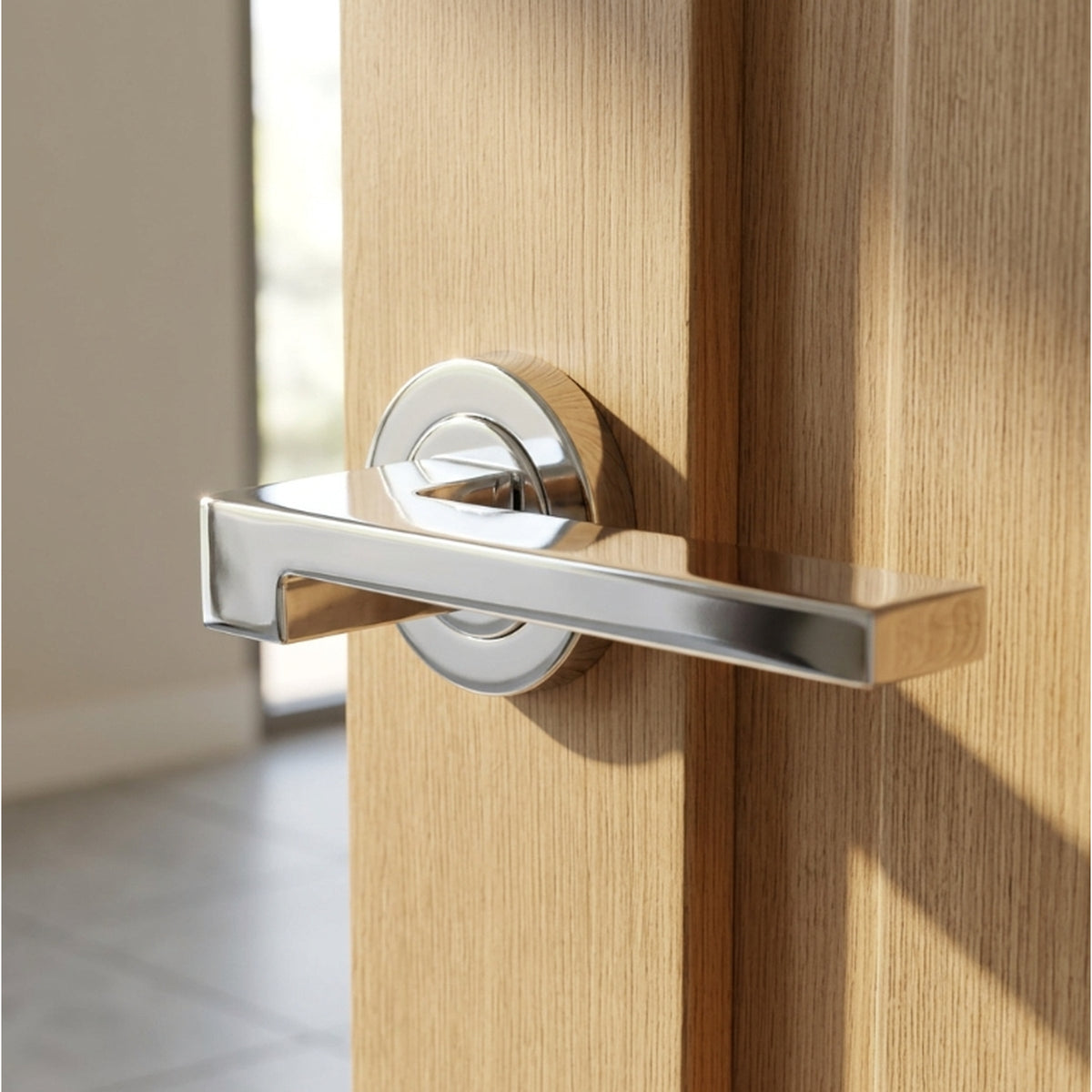 Marketplace JPG companion for UNO-3 Door Handle Lock Key Set Modern Polished Chrome Lever on Rose Internal Escutcheon Pack