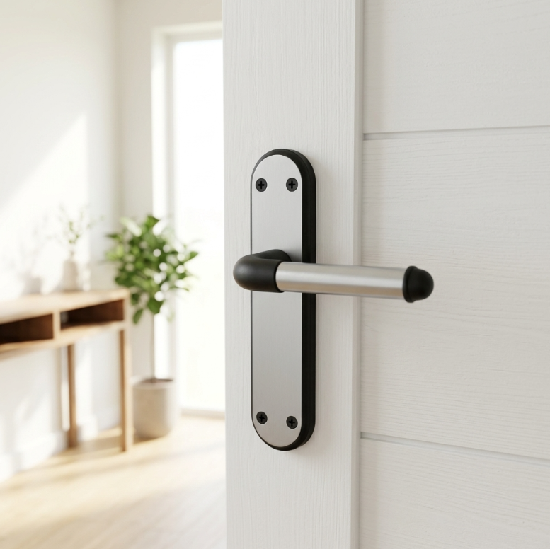 Marina Door Handle Two Tone Latch Lever - Matt Black and Satin - Metal