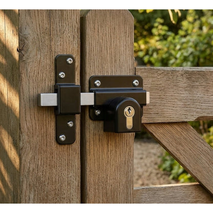Marketplace JPG companion for Premium Long Throw Euro Profile Gate Lock, Black 316 Stainless Steel for Sheds, Gates & Garage Doors, Double Locking, Keyed Both Sides