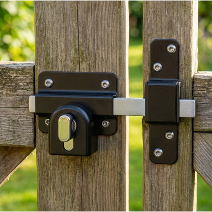 Marketplace JPG companion for Premium Long Throw Euro Profile Gate Lock, Black 316 Stainless Steel for Sheds, Gates & Garage Doors, Single Thumb Turn Locking, Keyed One Side