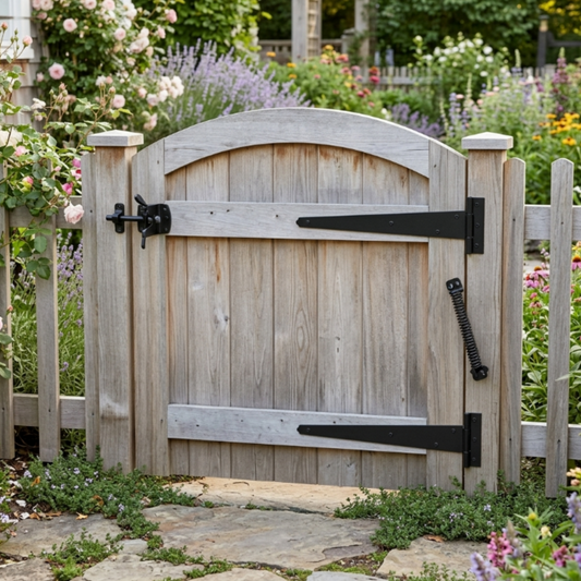 Garden Gate Pack 2x Tee Hinges Auto Gate Latch Return Spring Side Door Kit Black Powder Coated 8" – 18"