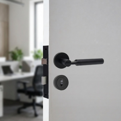Electra Door Handles Latch Lever on Rose Matt Black Escutcheon Lock Pack