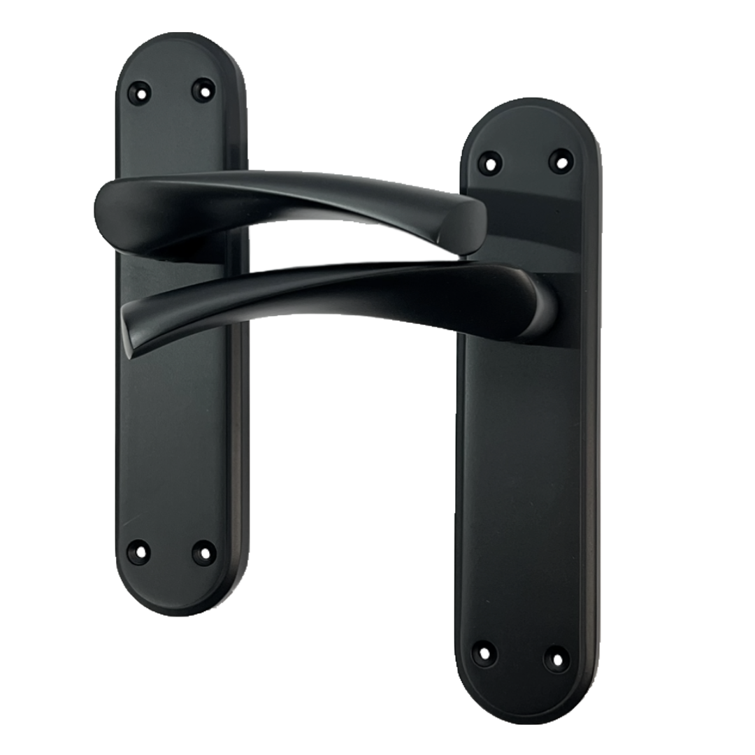 Genova Door Handles Matt Black Twist Lever Latch on Modern Marina Backplate