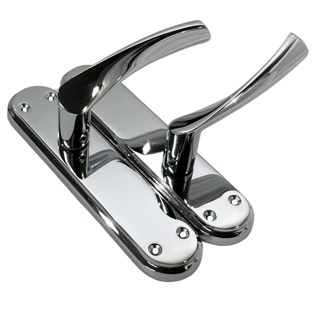 Genova Door Handles Polished Chrome Twist Lever Latch on Modern Marina Backplate