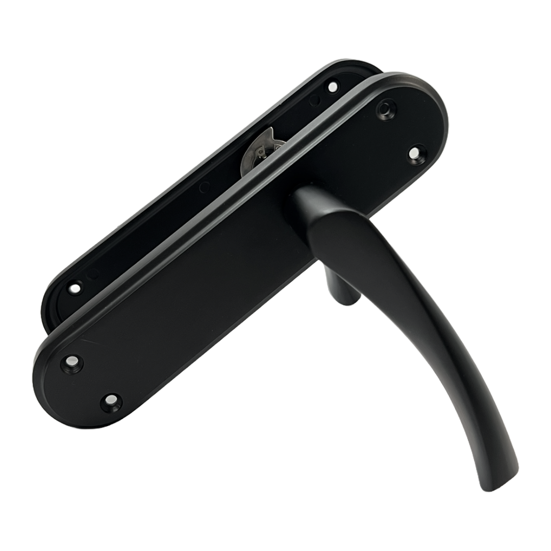 Genova Door Handles Matt Black Twist Lever Latch on Modern Marina Backplate