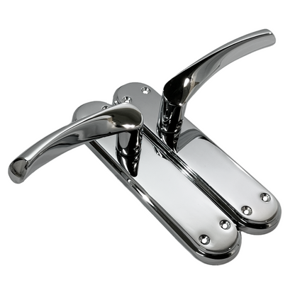 Genova Door Handles Polished Chrome Twist Lever Latch on Modern Marina Backplate