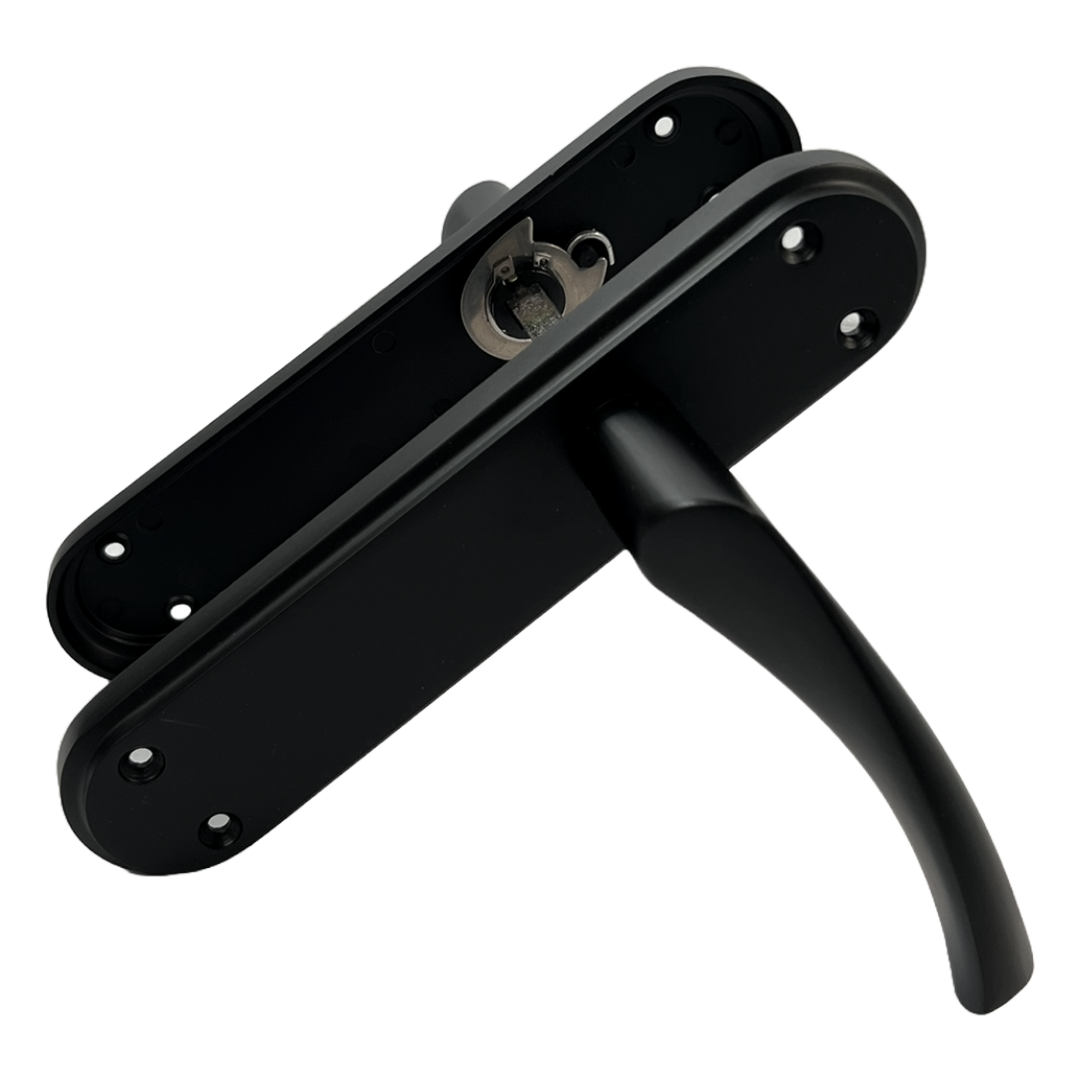 Genova Door Handles Matt Black Twist Lever Latch on Modern Marina Backplate