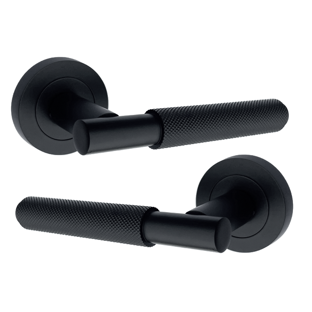 Poignées de porte moletées tournantes, levier noir mat sur rosace ronde, poignée de loquet de luxe