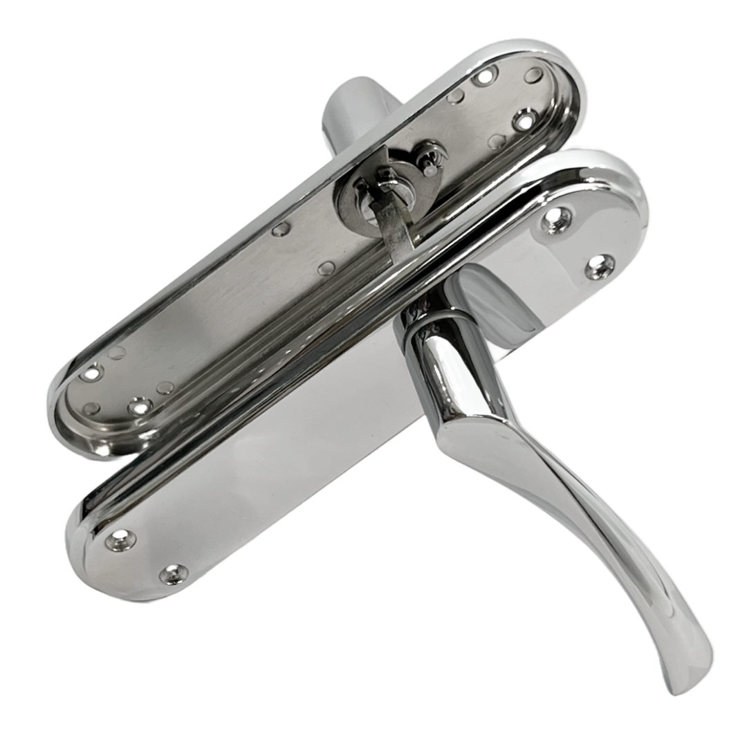 Genova Door Handles Polished Chrome Twist Lever Latch on Modern Marina Backplate