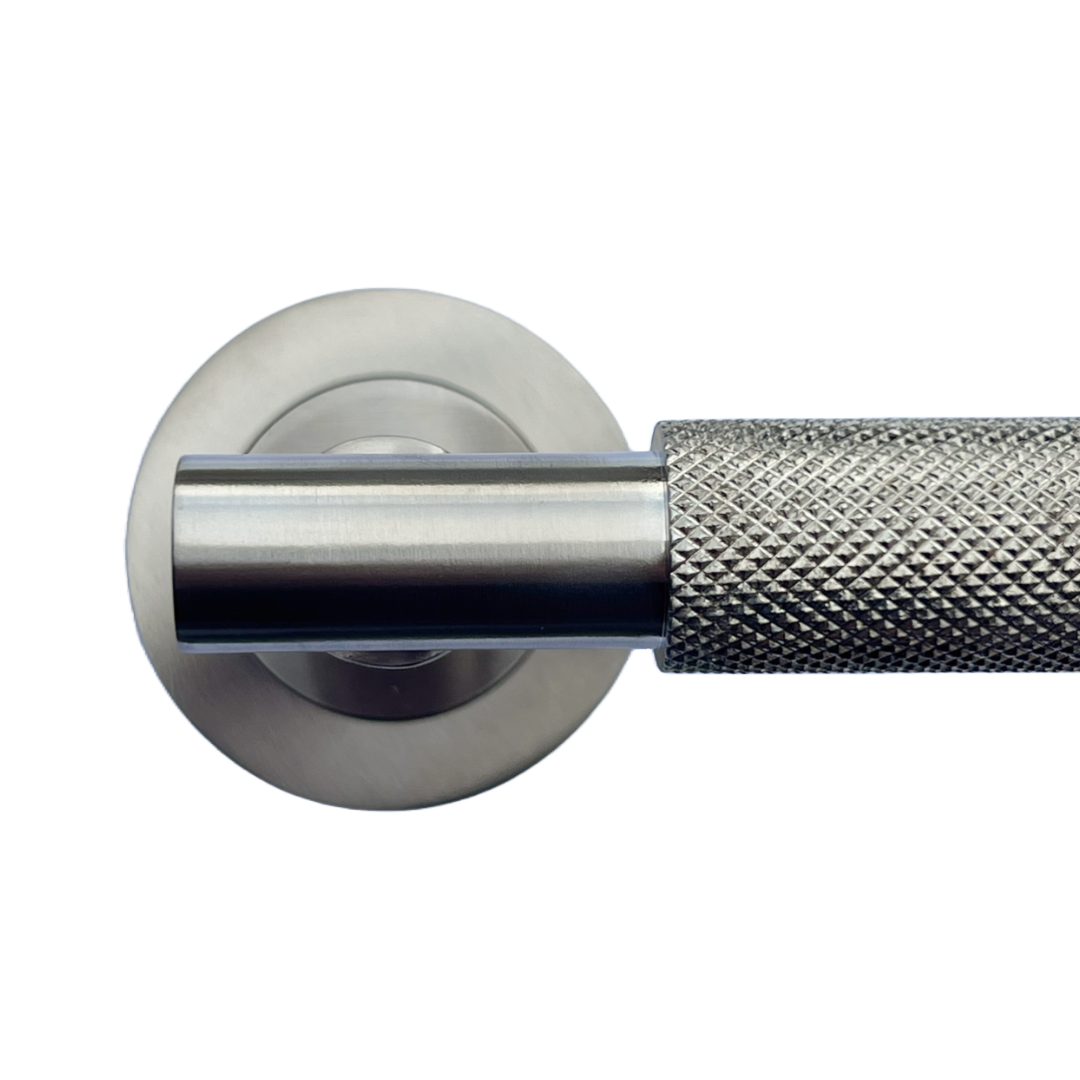 Knurled Turning Door Handles Satin Lever on Round Rose Latch Handle Luxe