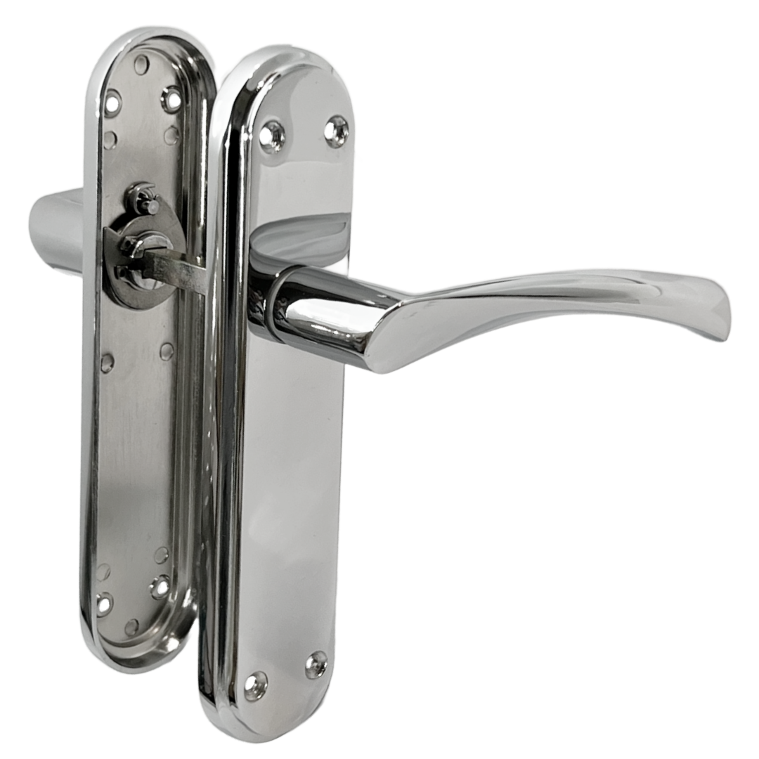 Genova Door Handles Polished Chrome Twist Lever Latch on Modern Marina Backplate