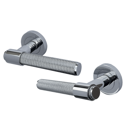 Knurled Door Handles Polished Chrome Loop & Neck Lever on Round Rose Latch Handle Luxe