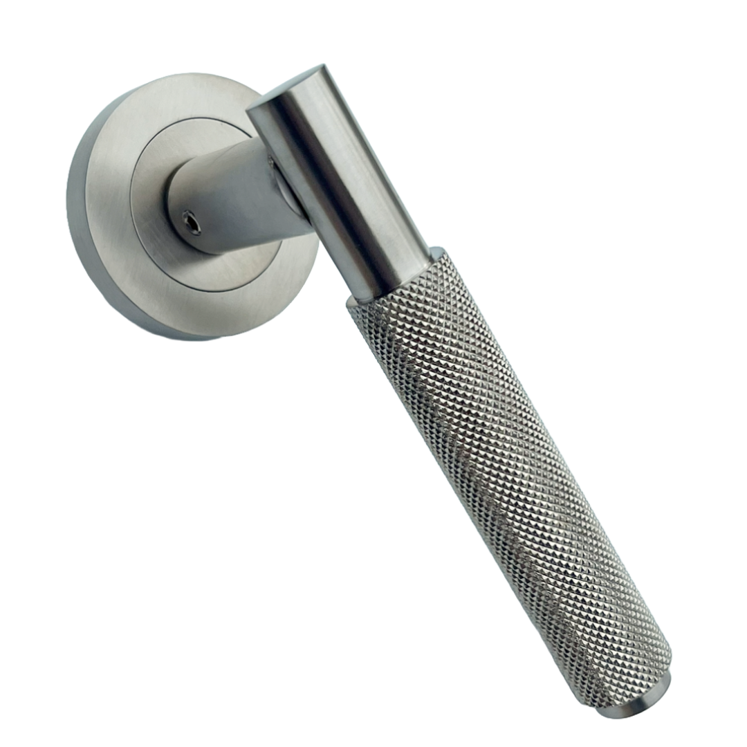 Knurled Turning Door Handles Satin Lever on Round Rose Latch Handle Luxe