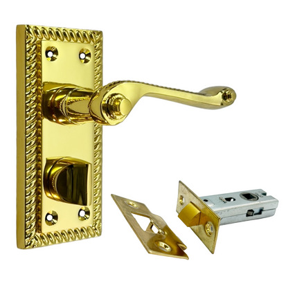 Poignées de porte en laiton poli style géorgien, ensemble WC et loquet pour salle de bain