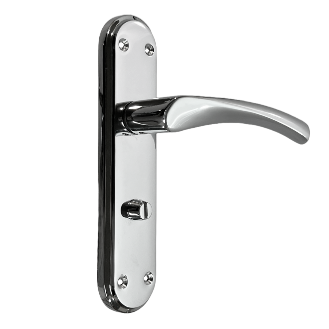 Genova Door Handles Polished Chrome Twist Lever Bathroom Lock on Modern Marina Backplate
