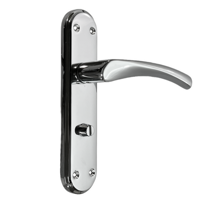 Genova Door Handles Polished Chrome Twist Lever Bathroom Lock on Modern Marina Backplate