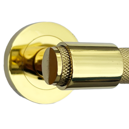 Knurled Door Handles Polished Brass Loop & Neck Lever on Round Rose Latch Handle Luxe