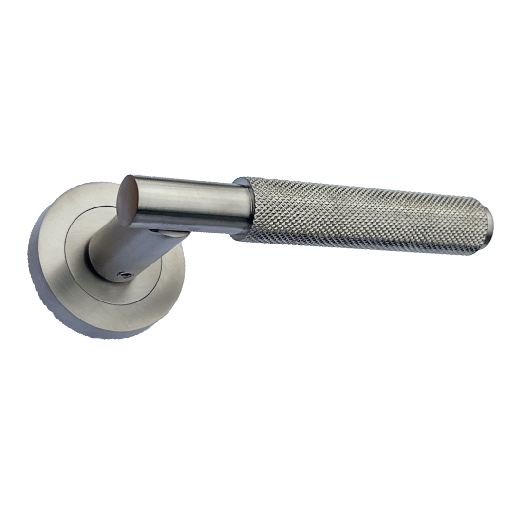 Knurled Turning Door Handles Satin Lever on Round Rose Latch Handle Luxe