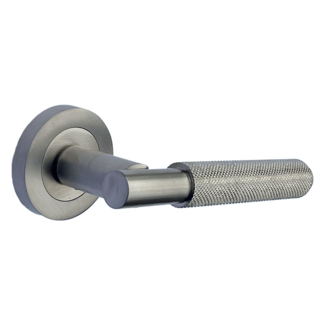 Knurled Turning Door Handles Satin Lever on Round Rose Latch Handle Luxe