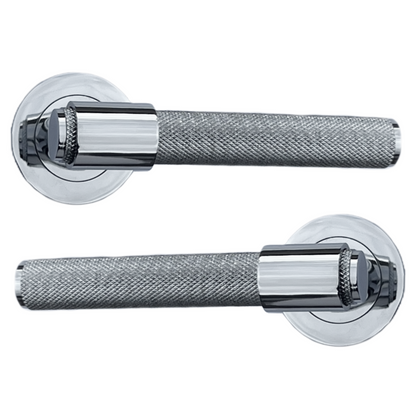 Knurled Door Handles Polished Chrome Loop & Neck Lever on Round Rose Latch Handle Luxe