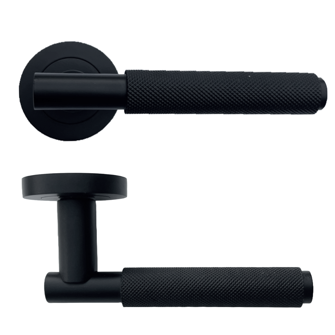 Poignées de porte moletées tournantes, levier noir mat sur rosace ronde, poignée de loquet de luxe