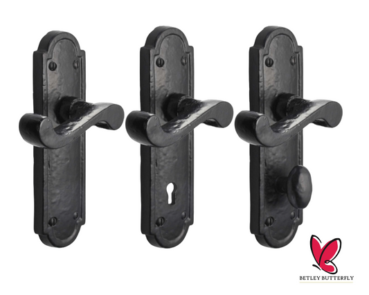 Iron Door Handles Black 172 x 48mm Antique Vintage Cottage Lever Lock Euro Handle