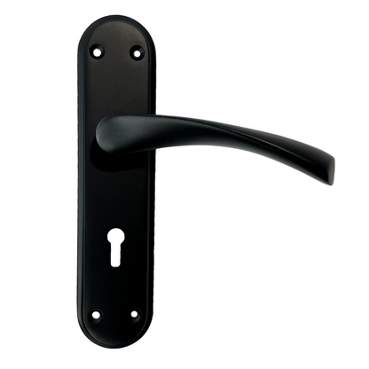 Genova Door Handles Matt Black Twist Lever Lock on Modern Marina Backplate