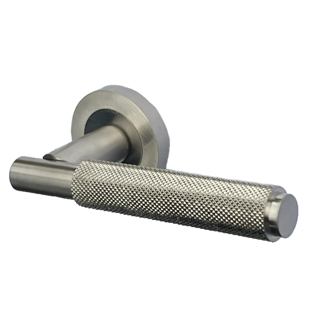Knurled Turning Door Handles Satin Lever on Round Rose Latch Handle Luxe
