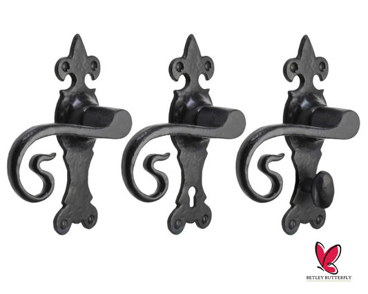 Iron Door Handles Black 165 x 52mm Antique Vintage Cottage Lever Lock Bath Handle