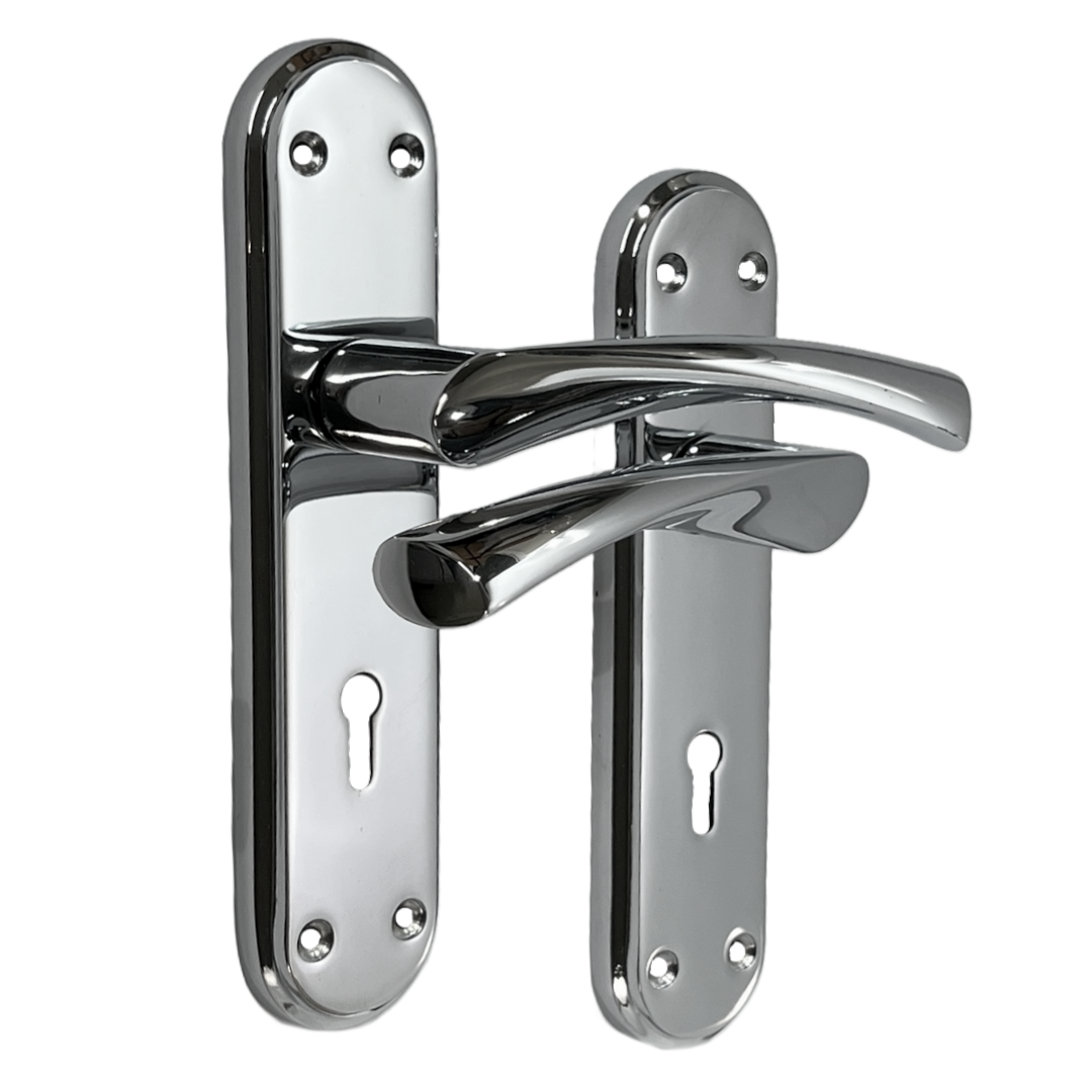 Genova Door Handles Polished Chrome Twist Lever Lock on Modern Marina Backplate