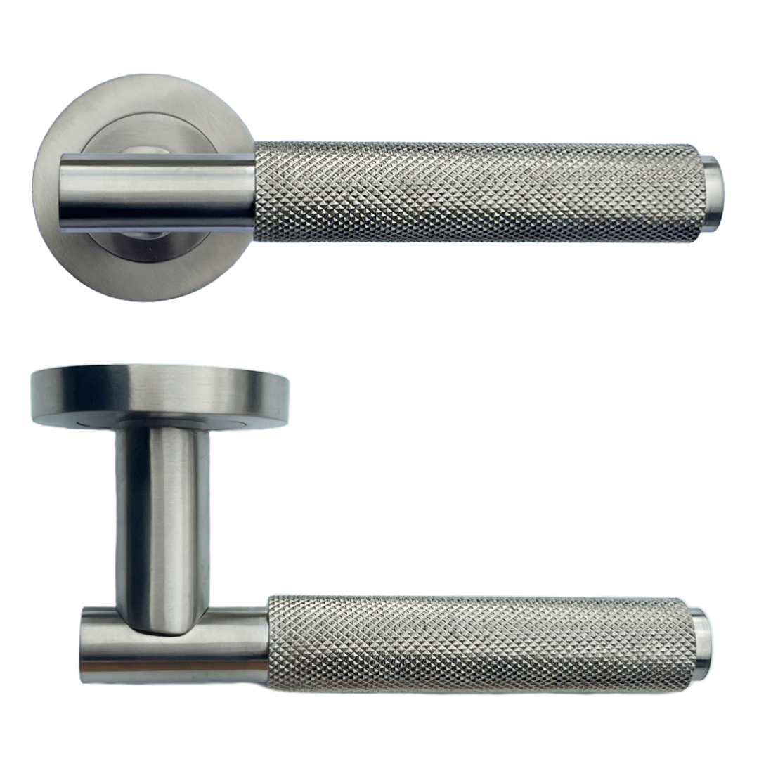 Knurled Turning Door Handles Satin Lever on Round Rose Latch Handle Luxe