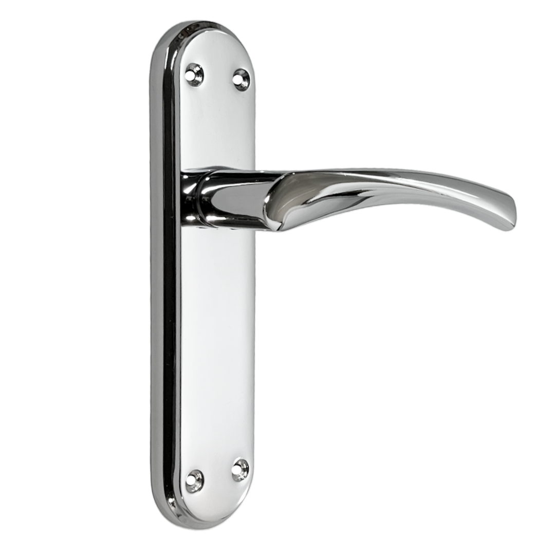 Genova Door Handles Polished Chrome Twist Lever Latch on Modern Marina Backplate