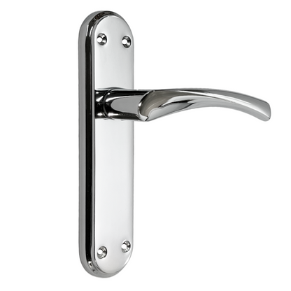 Genova Door Handles Polished Chrome Twist Lever Latch on Modern Marina Backplate