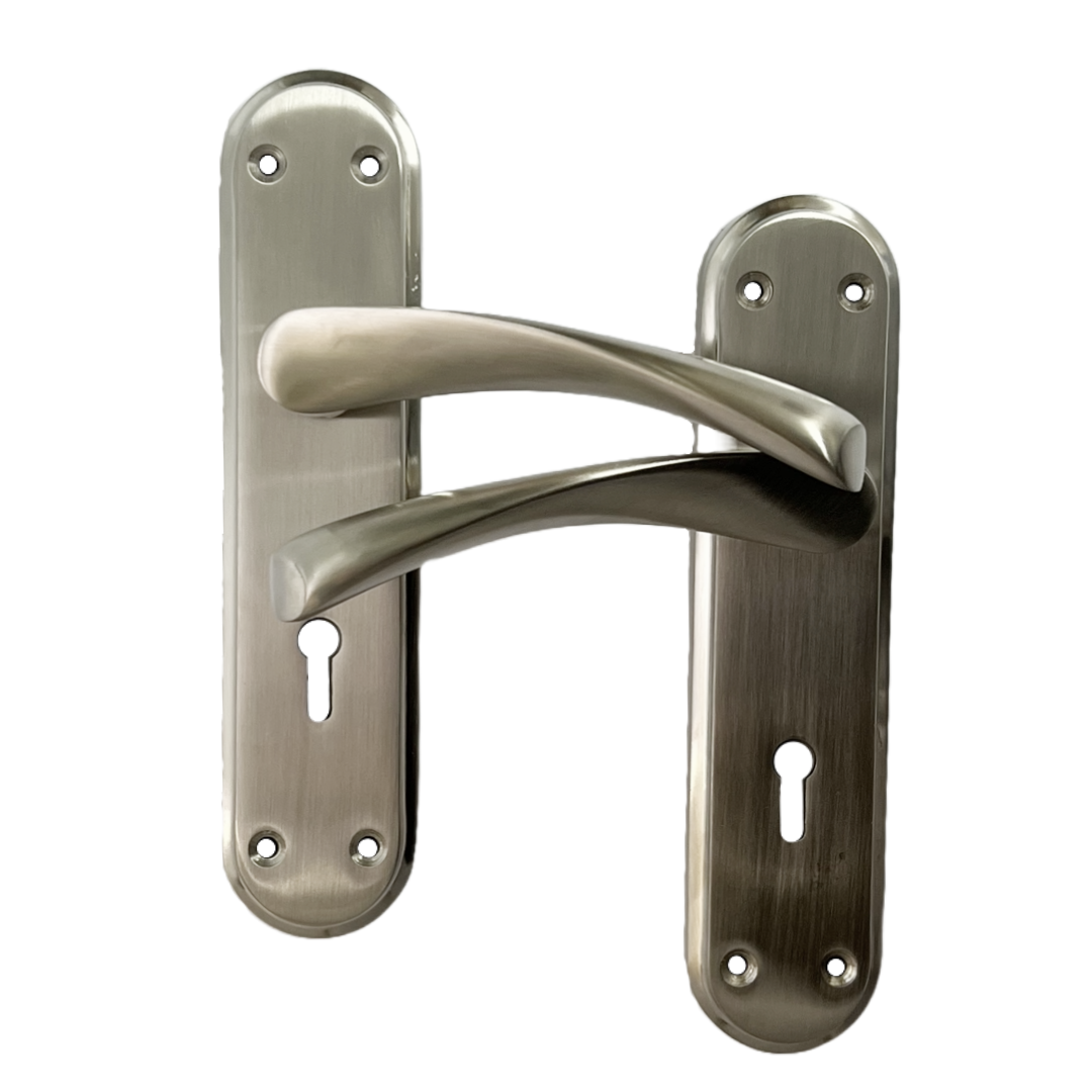 Genova Door Handles Satin Twist Lever Lock on Modern Marina Backplate