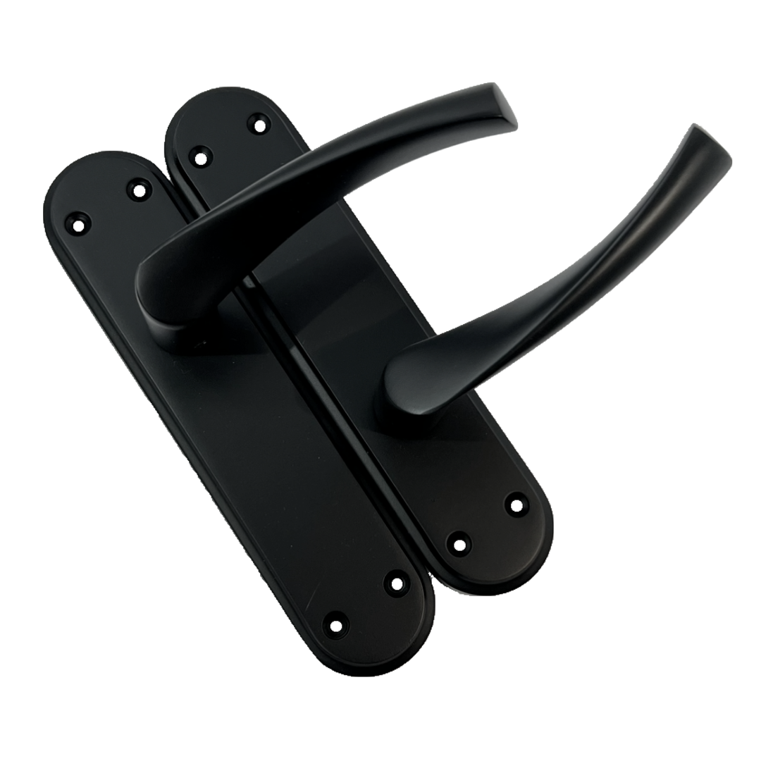 Genova Door Handles Matt Black Twist Lever Latch on Modern Marina Backplate