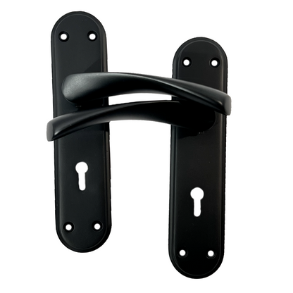Genova Door Handles Matt Black Twist Lever Lock on Modern Marina Backplate