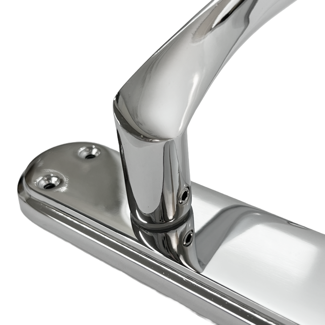 Genova Door Handles Polished Chrome Twist Lever Latch on Modern Marina Backplate