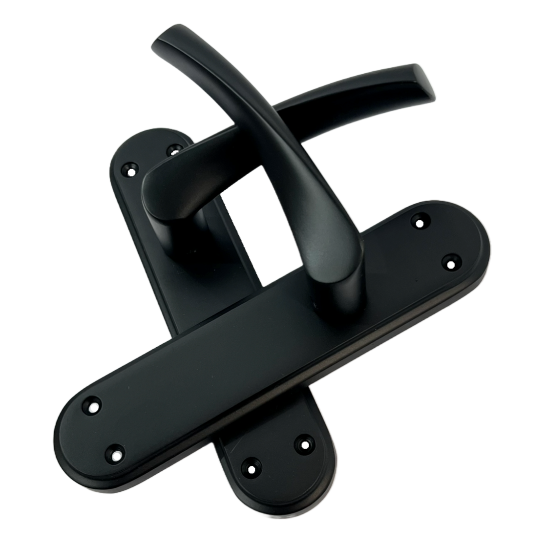Genova Door Handles Matt Black Twist Lever Latch on Modern Marina Backplate