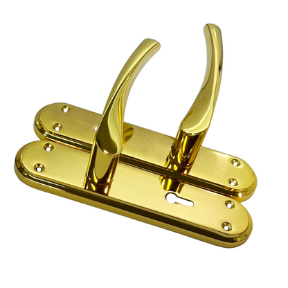 Genova Door Handles Polished Brass Twist Lever Lock on Modern Marina Backplate
